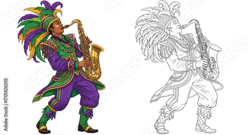 Musical Mardi Gras Saxophone Player Coloring Page in Color and Outline Versions