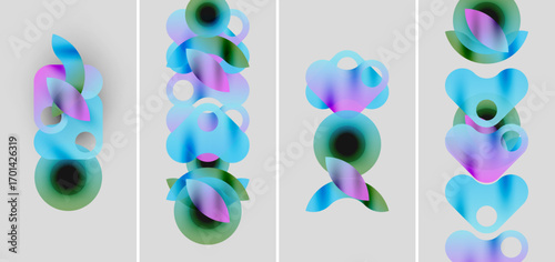 Abstract colorful shapes overlap, creating soft gradients. Four panels display similar compositions, varying slightly in color placement.