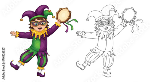 Lively Mardi Gras Tambourine Player Coloring Page with Outline Companion Activity
