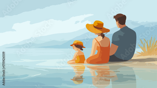 Family relaxing by lakeside