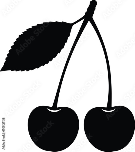 Two dark cherries with leaf silhouette simple vector icon vector