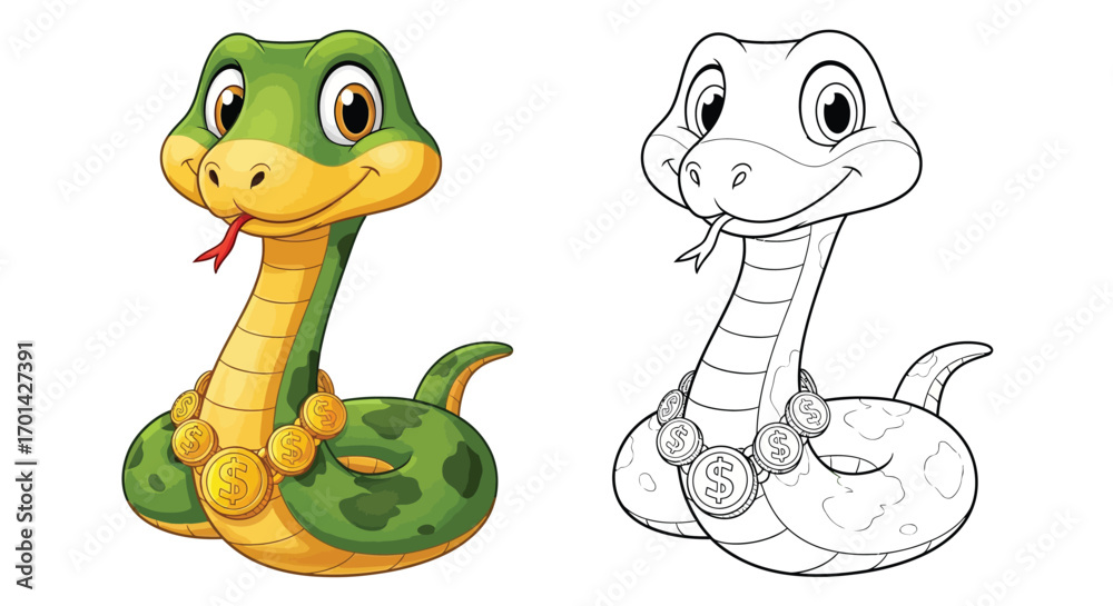 Obraz premium Festive Snake Character with a Chinese Lunar New Year Necklace Coloring Page Art