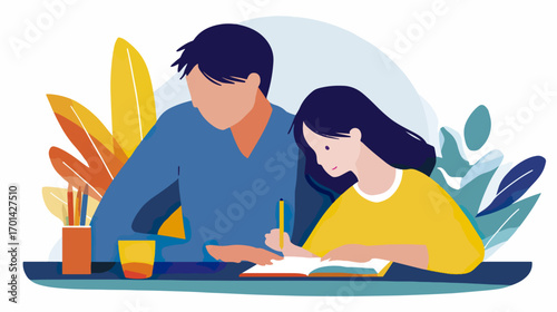 Father and daughter study together