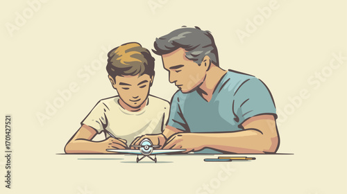 Father and son building model airplane