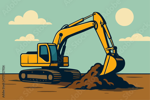 Heavy industrial machinery at work on a construction site, with a yellow backhoe digging earth