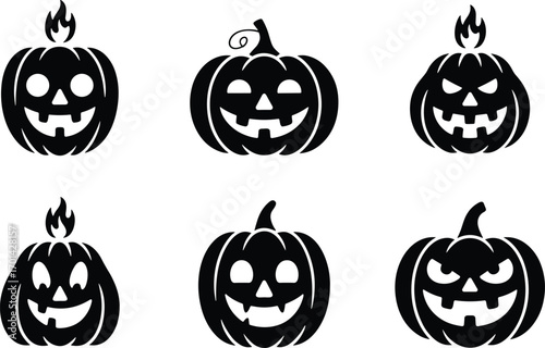 Halloween pumpkin silhouettes set, spooky carved jack-o’-lantern faces, vector illustration, scary and cute pumpkins, perfect for Halloween decorations, party 
