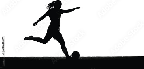 Female soccer player silhouette kicking ball dynamic action isolated white vector
