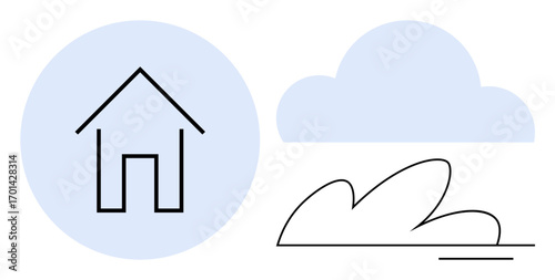 Outline of a house within a light blue circle, paired with a cloud and stylized shrub. Ideal for real estate, architecture, nature, environment, weather, sustainability simplicity. Flat clean