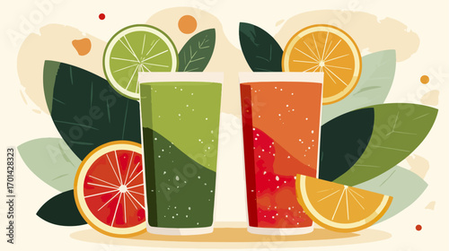 Fresh fruit juice drinks with citrus and leaves vector illustration