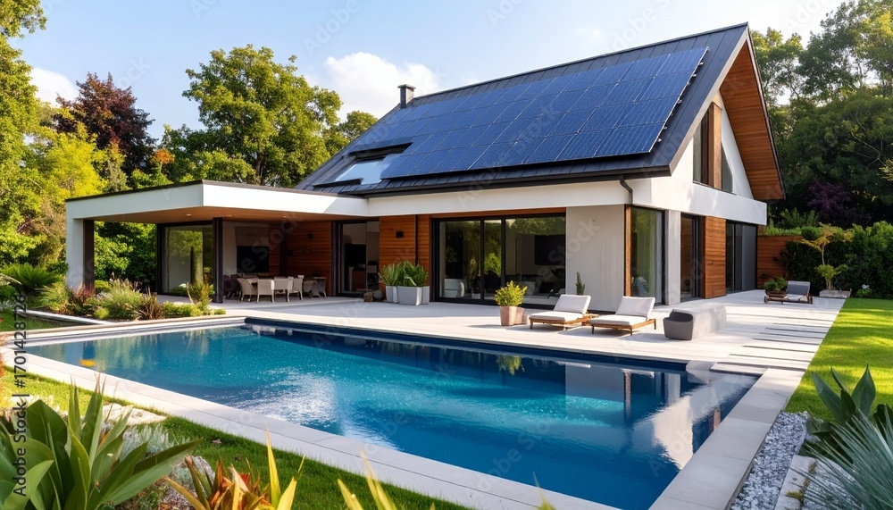 Fototapeta premium Modern home with pool and solar panels.