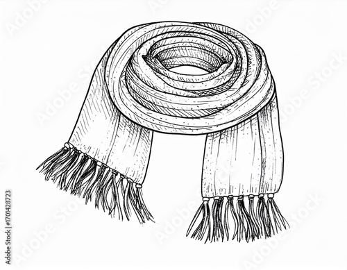 Detailed Black and White Line Art of a Cozy Winter Scarf with Fringes