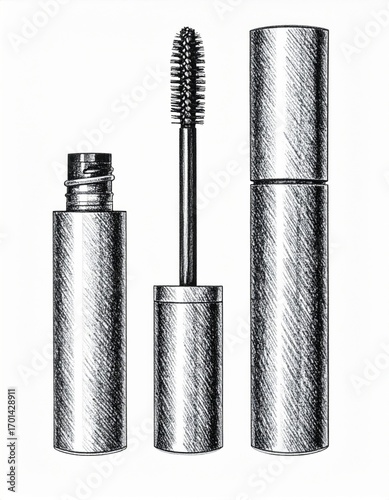 Black and White Mascara Set Illustration of Cosmetics Packaging and Applicator on White Paper