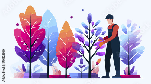 Gardener tending colorful trees