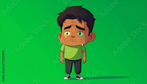 Sad boy crying with green background cartoon.