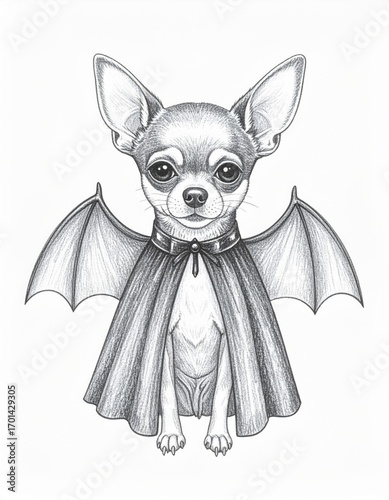 Hand Drawn Chihuahua with Bat Wings and Cape in Black and White Illustration