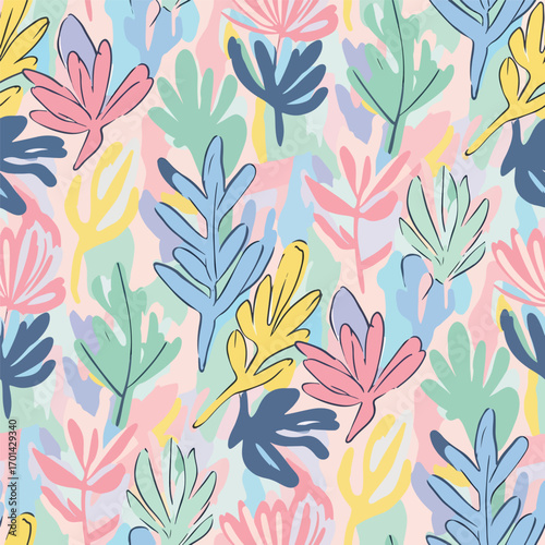 Colorful abstract floral pattern with stylized leaves and a pastel background, seamless design., seamless pattern, royalty stock.