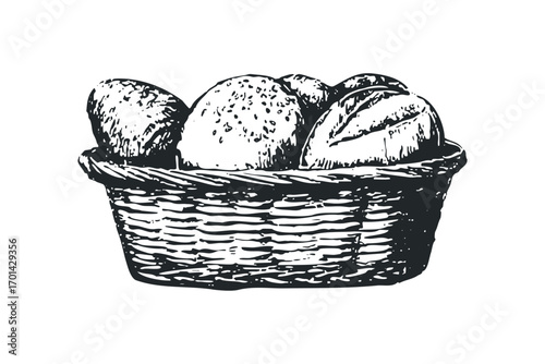 Basket of bread on transparent background. Vector hand drawn illustration