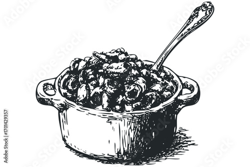 Sketch of a Bowl of Beans with Spoon on Transparent Background. Vector hand drawn illustration