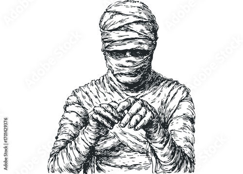 Enigmatic Mummy figure wrapped in bandages, hand gesture,. Vector hand drawn illustration