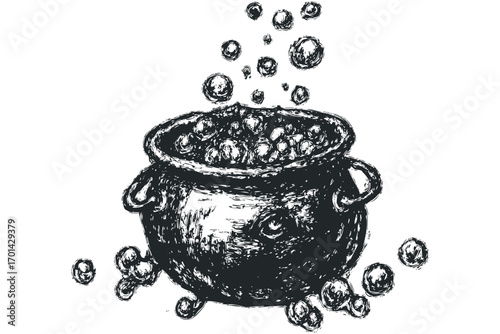 Sketchy bubbling cauldron with rising vapor on white. Vector hand drawn illustration