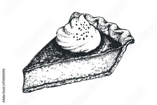 Hand drawn slice of pumpkin pie with whipped cream on transparent background. Vector hand drawn illustration
