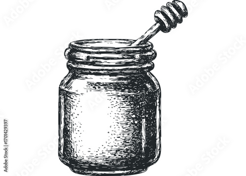 Glass jar with honey dipper, isolated on transparent. Vector hand drawn illustration