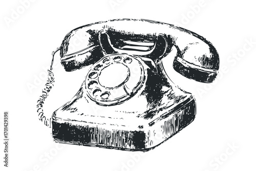 Vintage rotary dial telephone sketch on transparent background. Vector hand drawn illustration
