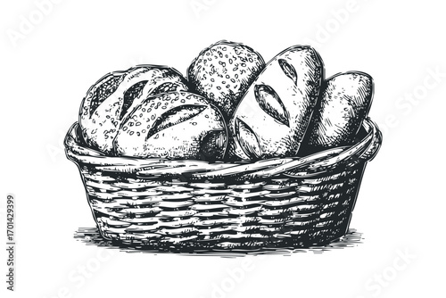 Basket of Fresh Baked Goods Isolated. Vector hand drawn illustration