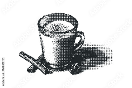 Halftone sketch of a glass of frothy beverage with cinnamon sticks and star anise. Vector hand drawn illustration