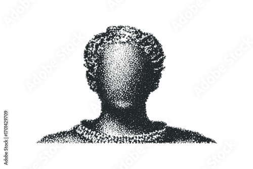 Abstract stippled portrait of a head with textured hair on transparent background. Vector hand drawn illustration