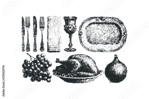 Vintage Black and White Dining Elements. Vector hand drawn illustration