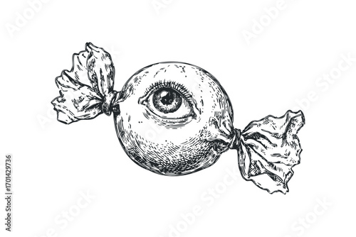 Hand drawn sketch of a wrapped candy with an eye on transparent background. Vector hand drawn illustration
