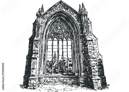 Gothic Architecture Facade with Intricate Window Detail. Vector hand drawn illustration