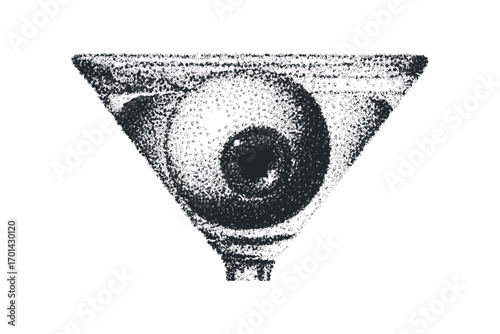 Grayscale Stippled Martini Glass with Abstract Eye Shape. Vector hand drawn illustration