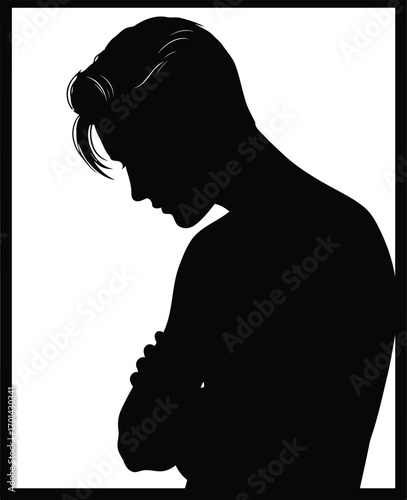 Silhouette of introspective person arms crossed looking down thoughtful mood vector