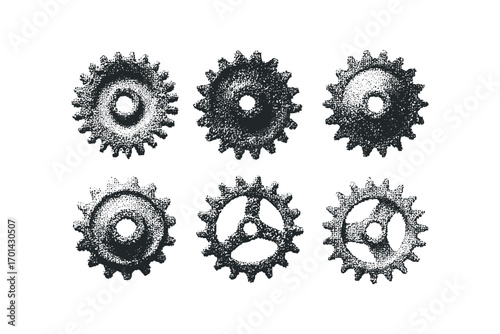 Six Gears Collection Transparent Background. Vector hand drawn illustration