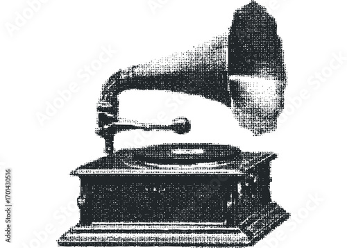 Antique Gramophone with Horn on Transparent Background. Vector hand drawn illustration