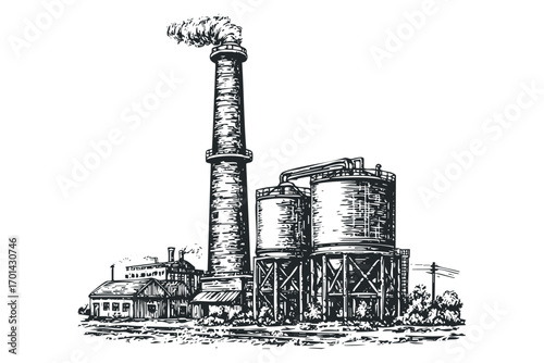Sketch of an industrial factory with a smoking chimney and storage tanks. Vector hand drawn illustration