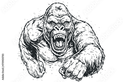 Aggressive Gorilla Roaring. Vector hand drawn illustration