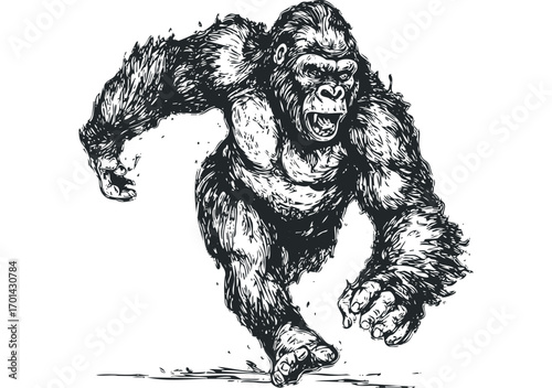 Furious Gorilla Charging Forward in Black and White. Vector hand drawn illustration