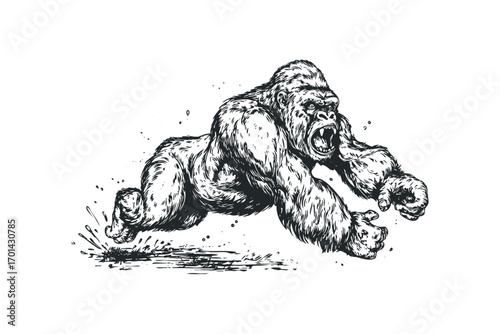 Energetic chimpanzee leaping with open mouth and splashing water. Vector hand drawn illustration