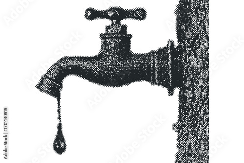 Dripping Faucet with Halftone Texture. Vector hand drawn illustration