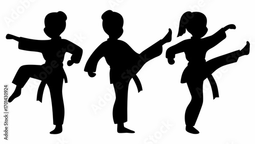 Three silhouettes of young girls in karate uniforms practicing kicks and stances in a line formation