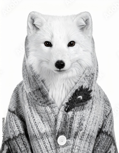 White Fox with Brown Eyes Wearing Gray Knitted Cardigan on White Background