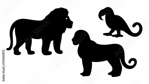 Silhouette illustration featuring a lion a cub and a parrot in a simple black and white design style