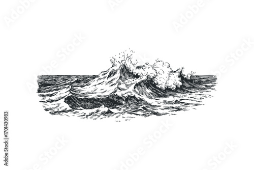 Stormy Ocean Waves Splashing Graphic. Vector hand drawn illustration
