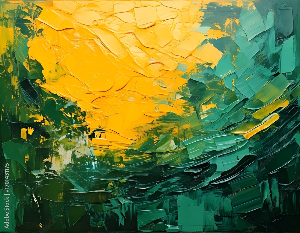 Fototapeta premium Abstract landscape painting with vibrant yellow and green