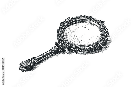 Ornate handheld mirror with detailed engraving on transparent. Vector hand drawn illustration