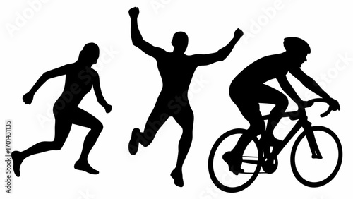 Silhouette of triathlon athletes showcasing running cycling and celebration in monochrome design style