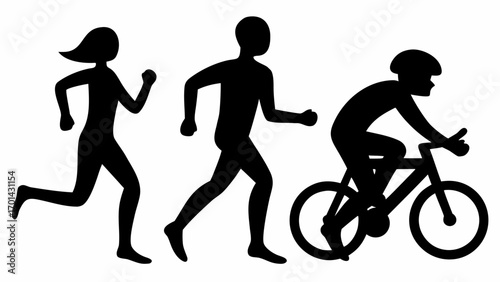 Silhouette illustration showing a woman running a man jogging and a person cycling in black and white style